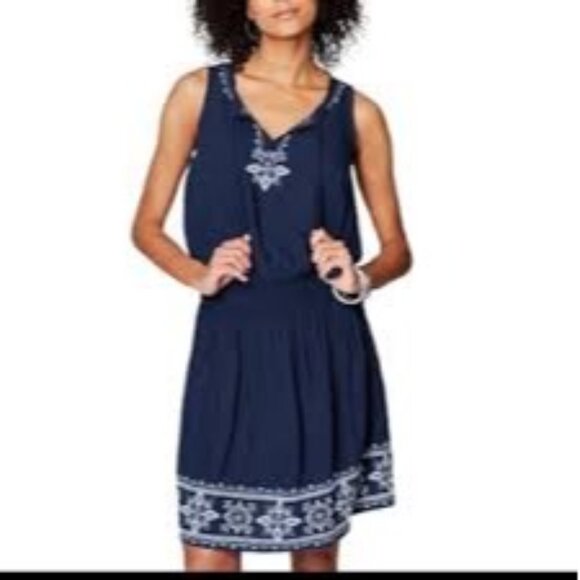 Navy Sleeveless Embroidered Dress With Tassel Tie Neckline & Elastic Waist Size - Picture 1 of 5